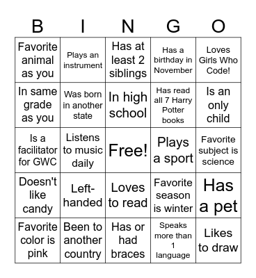 Girls Who Code Bingo Card