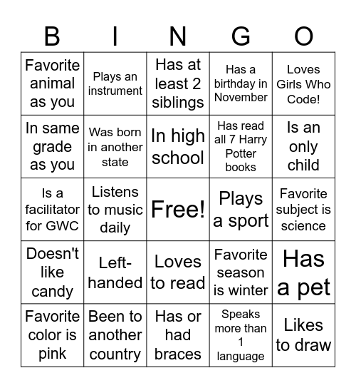 Girls Who Code Bingo Card