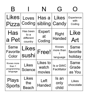 Girls Who Code BINGO Card