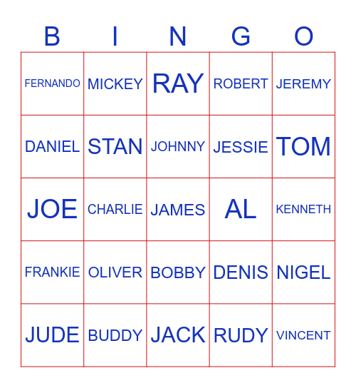 ERIC'S 'BOYS NAMES' BINGO Card