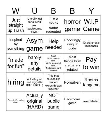 roblox Wubby games bingo Card
