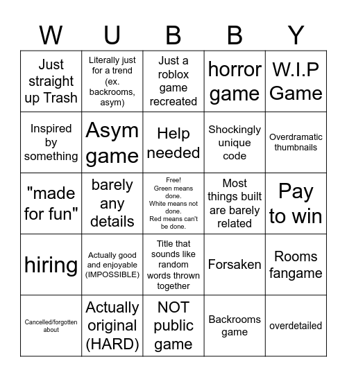roblox Wubby games bingo Card