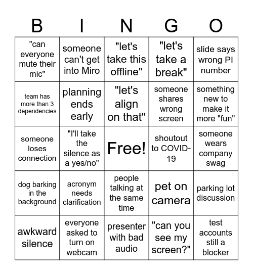 PI Planning Bingo Card