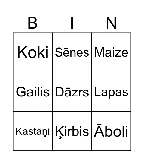 Rudens Bingo Card