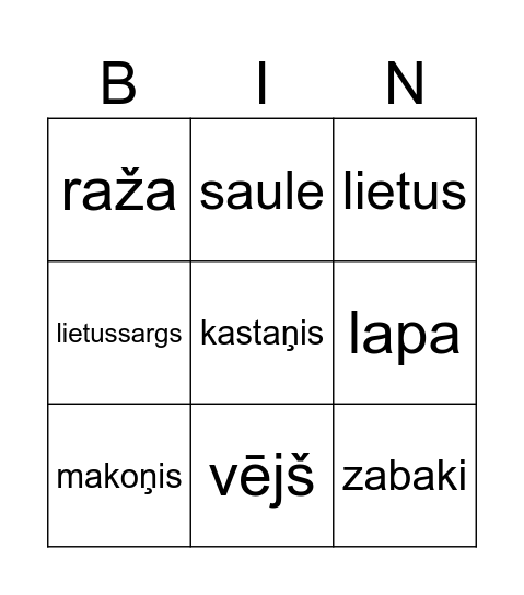 Rudens Bingo Card