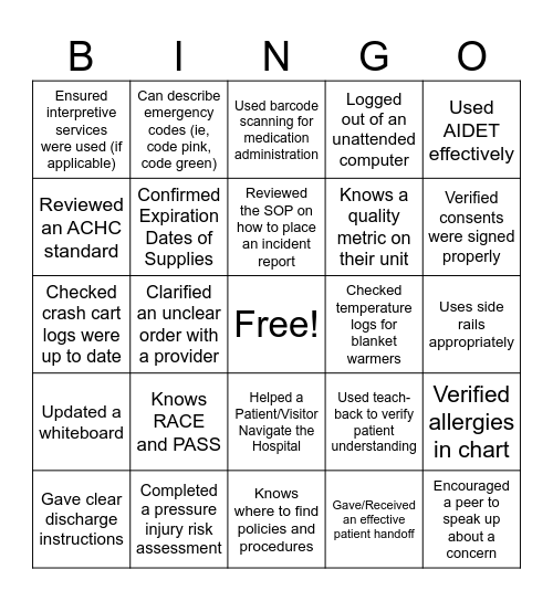 QUALITY BINGO Card