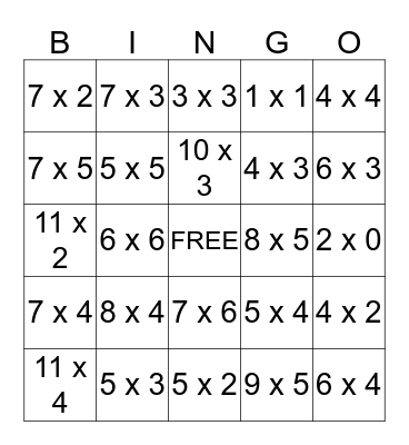 Multiplication Bingo Card