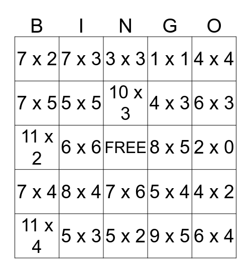 Multiplication Bingo Card