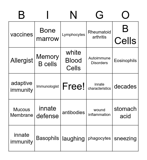 Immune System Review Bingo Card