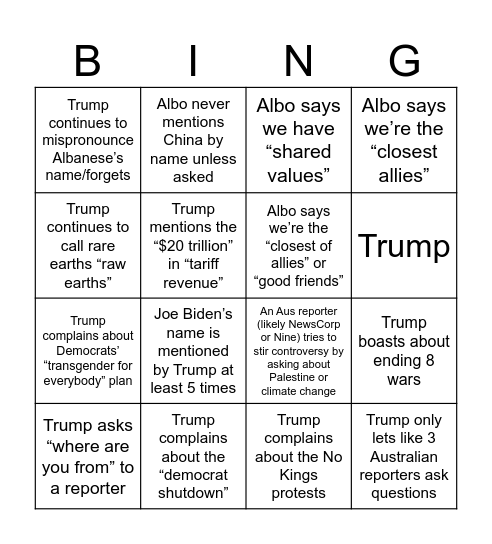 Trump and Albo Meeting Bingo Card