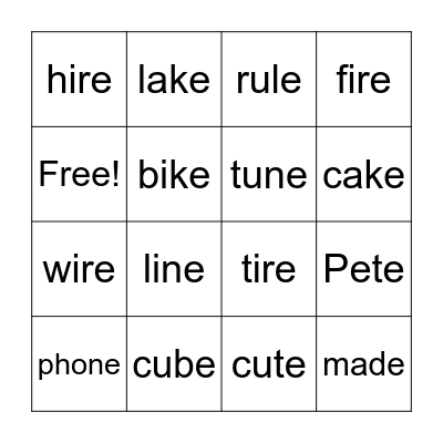 Magic -e Bingo Card