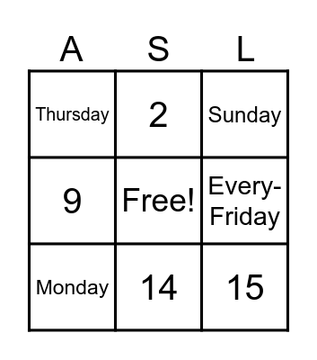 Days and Numbers 1-20 Bingo Card