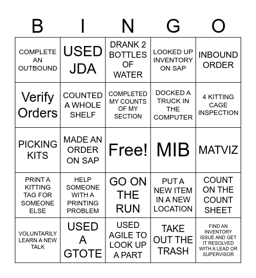 Kitting Bingo Card