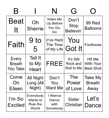 Round 1: 80's Hits Bingo Card