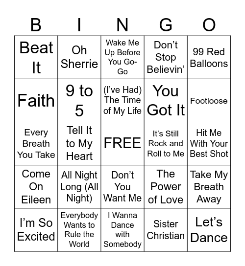 Round 1: 80's Hits Bingo Card
