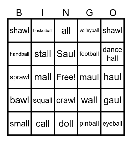 All the Bingo You Can Call! Words Ending in -all (L-final words) Bingo Card