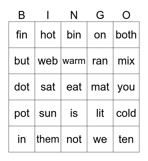 simple words Bingo Card