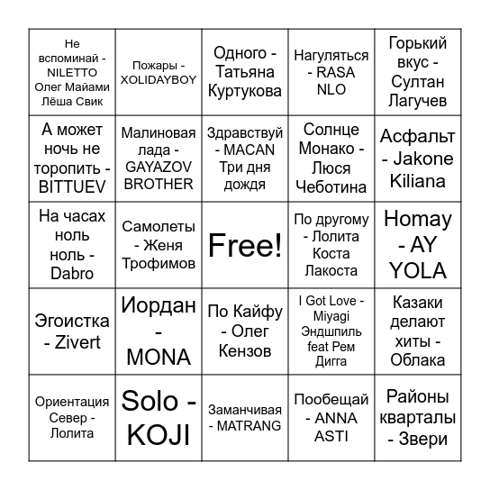 Музыкальное лото Bingo Card