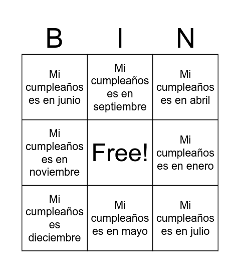 Mi cumpleaños es en... Bingo Card
