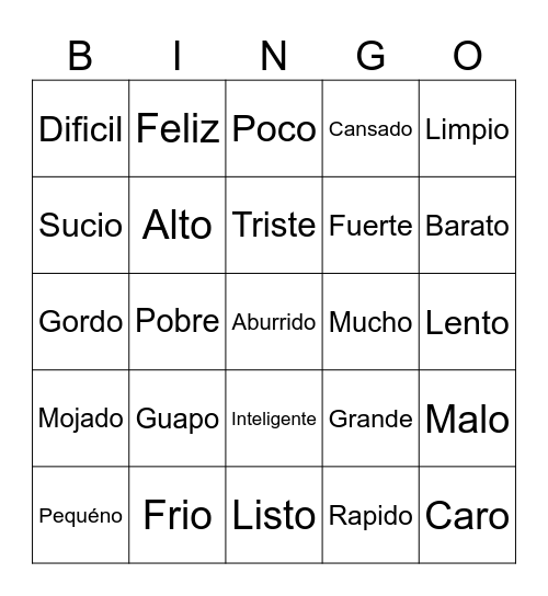 Adjetivos Bingo Card