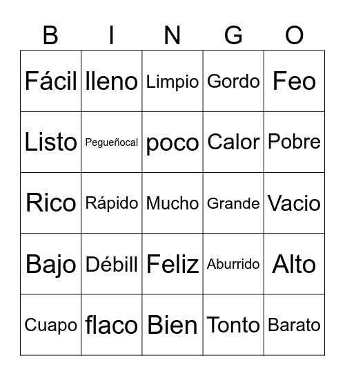 Adjectivos Bingo Card