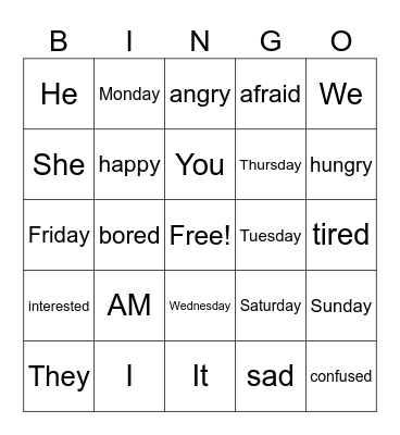 English Language Bingo Card