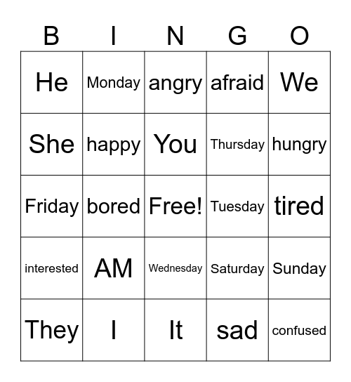 English Language Bingo Card
