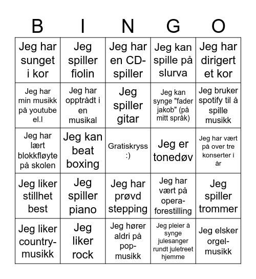 Musikk Bingo Card