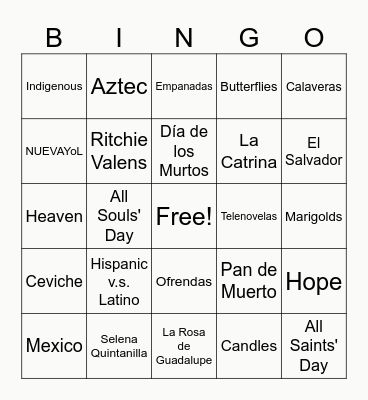 Dia de los Muertos & Hispanic Heritage Month Bingo Card