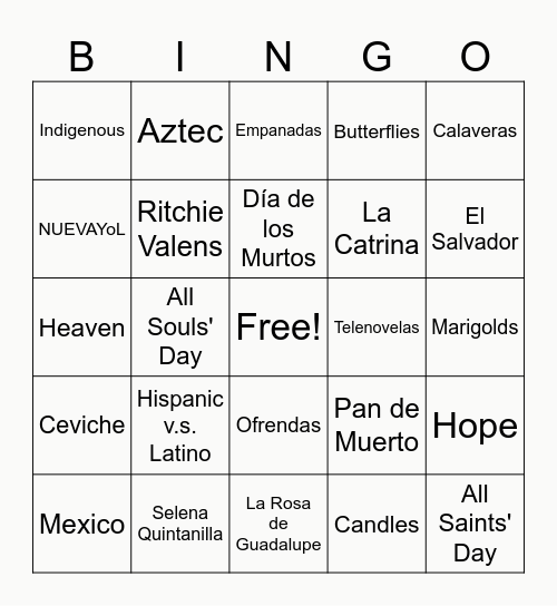 Dia de los Muertos & Hispanic Heritage Month Bingo Card
