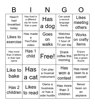 Getting to Know Others Bingo Card