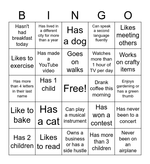 Getting to Know Others Bingo Card