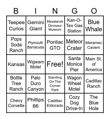 Road Trip on Route 66 Bingo Card