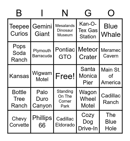 Road Trip on Route 66 Bingo Card
