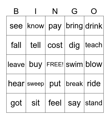 Irregular Verbs Past Tense Bingo Card