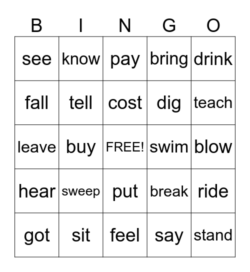Irregular Verbs Past Tense Bingo Card