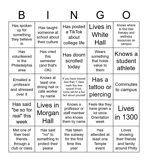 FYS Bingo L|B Bingo Card