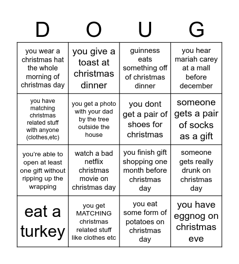 A Dougie (Stinky) Christmas Bingo Card