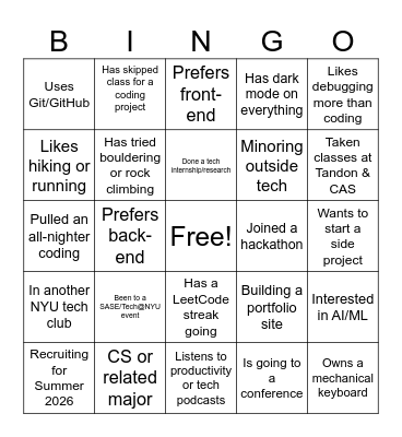 NYU Tech & SASE Bingo Card