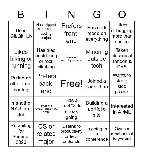 NYU Tech & SASE Bingo Card