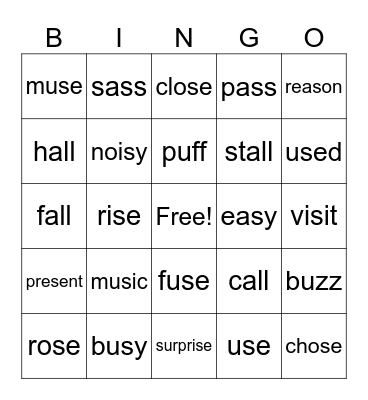 (s) = /z/ Bingo Card