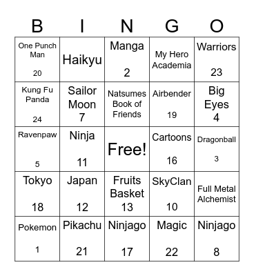 Manga Bingo Card