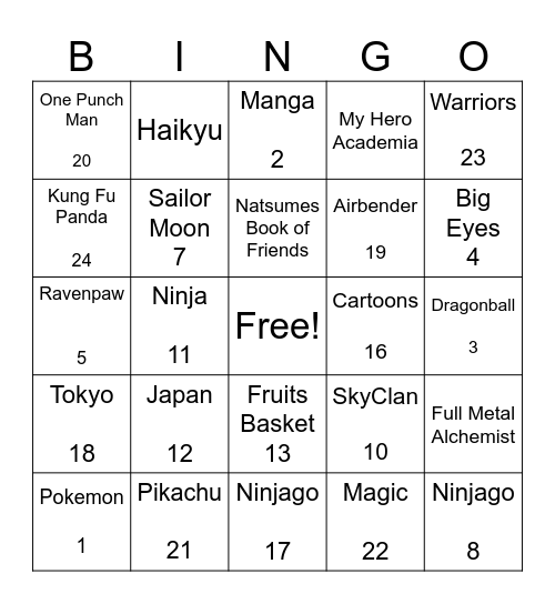 Manga Bingo Card