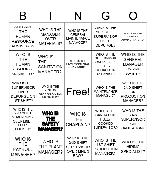 TYSON MANAGEMENT TRIVIA Bingo Card
