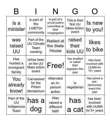 UUMA Bingo! Find someone who... Bingo Card