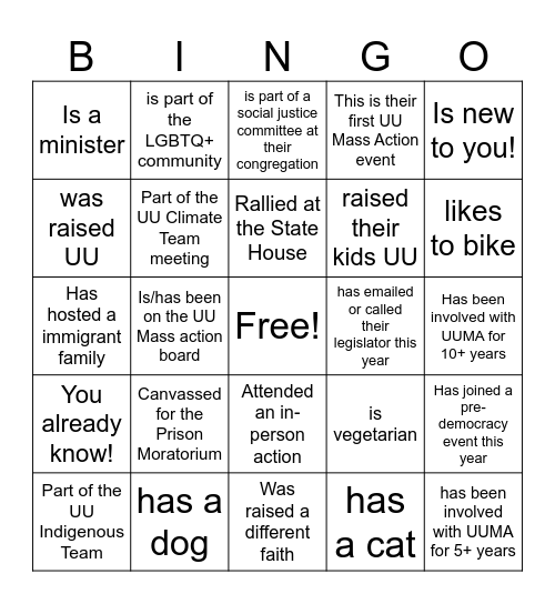 UUMA Bingo! Find someone who... Bingo Card