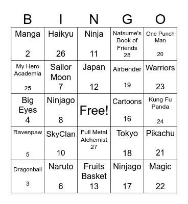 Manga Bingo Card