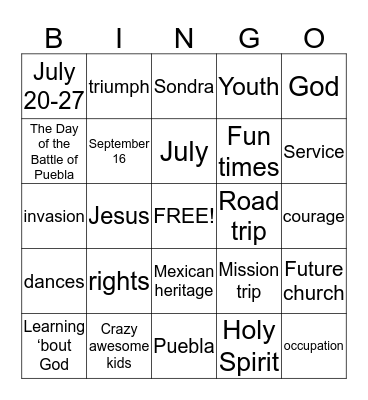 Cinco De Mayo Youth Group Bingo Card