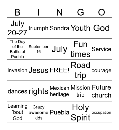 Cinco De Mayo Youth Group Bingo Card