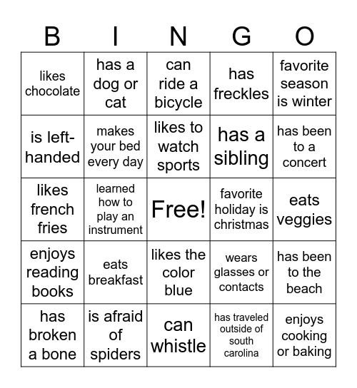 Getting to Know You Bingo Card